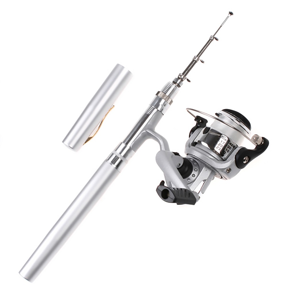 Fishing Rod Fly - คันเบ็ดตกปลาพกพาแบบยืดหดได้ น้ำหนักเบา ขนาดเล็ก รูปทรงปากกา พร้อมรอกสีเงิน เหมาะสำหรับการเดินทาง