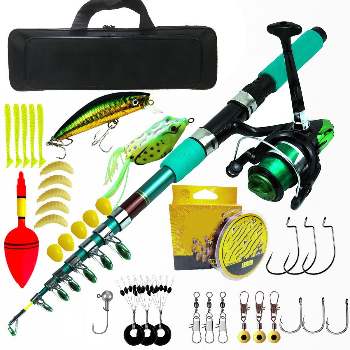 Fishing Rod Spinning - ชุดคันเบ็ดตกปลาแบบพกพา น้ำหนักเบา คันคาร์ปแบบยืดหดได้ พร้อมรอก กระเป๋าผ้าใยแก้ว อุปกรณ์ตกปลาสำหรับทะเลสาบ