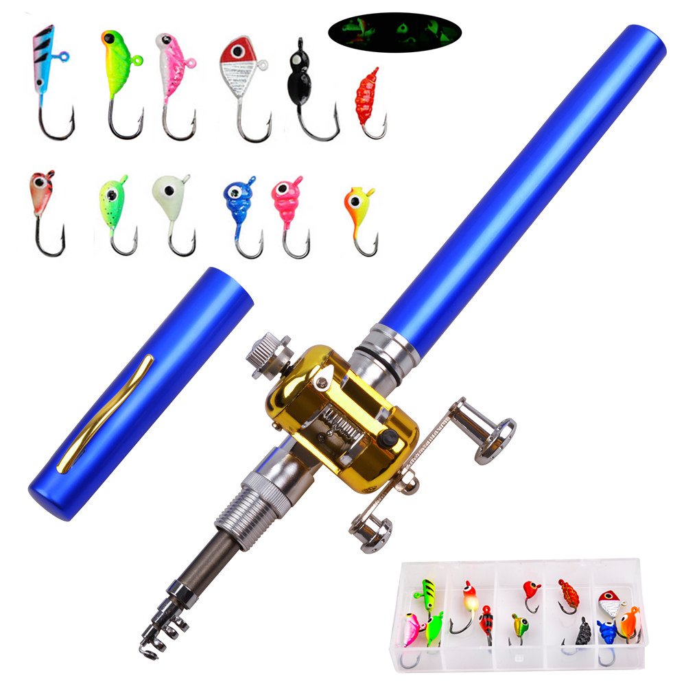 Fishing Rod Ice - เบ็ดตกปลาน้ำแข็งขนาดเล็กพร้อมเหยื่อตกปลาแบบพกพา12ชิ้นเบ็ดตกปลาและรอกทำน้ำแข็งขนาดพกพา